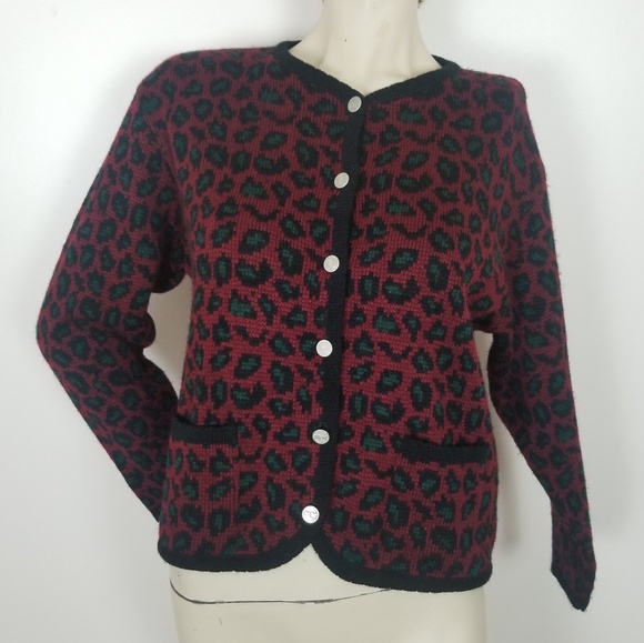 Vintage Sweaters - Vintage leopard print cardigan, red, green black
